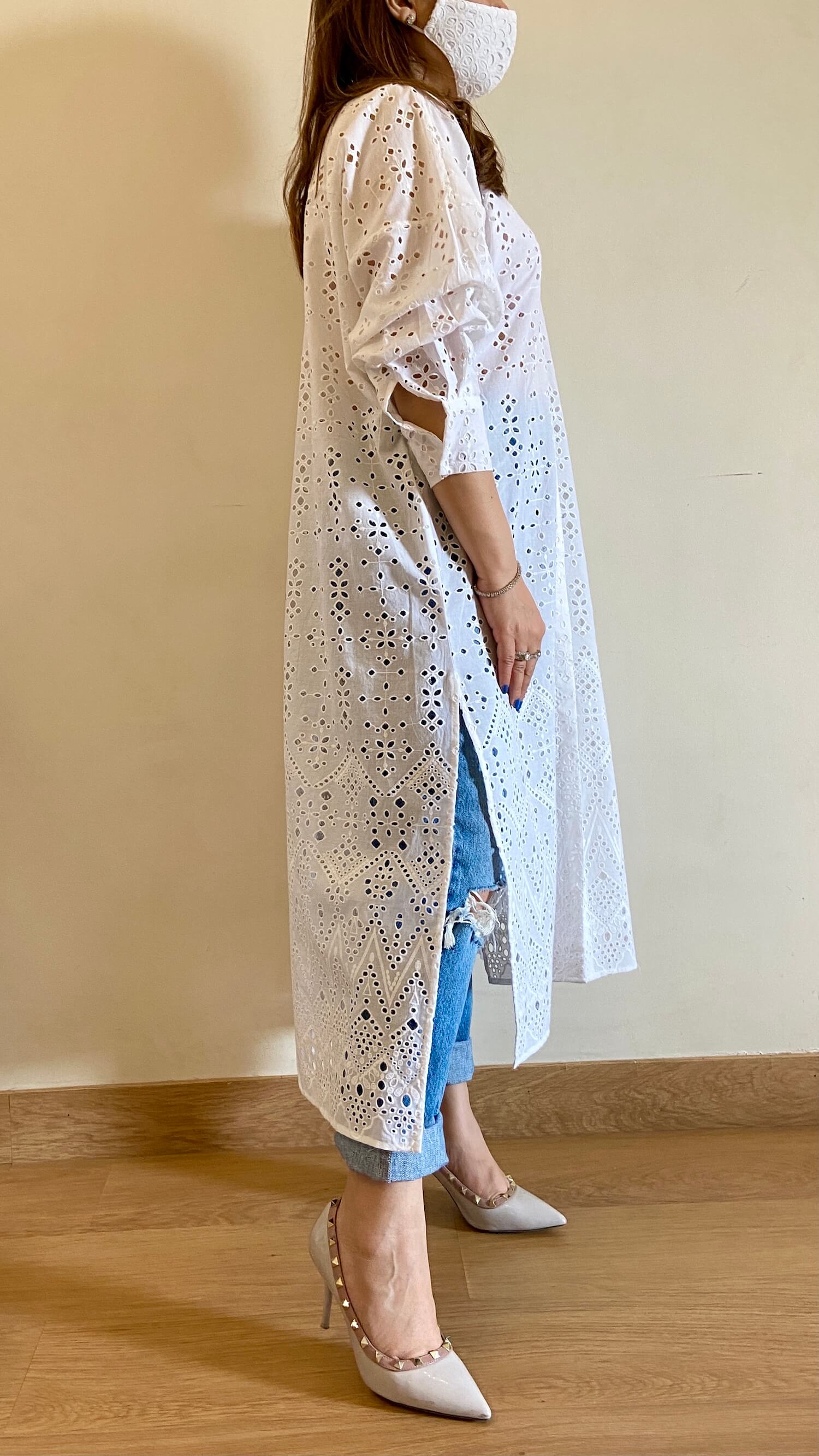 Pearl White Chikankari High-Low Shirt (Freesize)