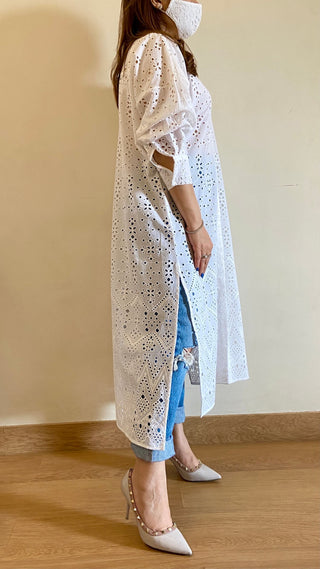 Pearl White Chikankari High-Low Shirt (Freesize) - kylee