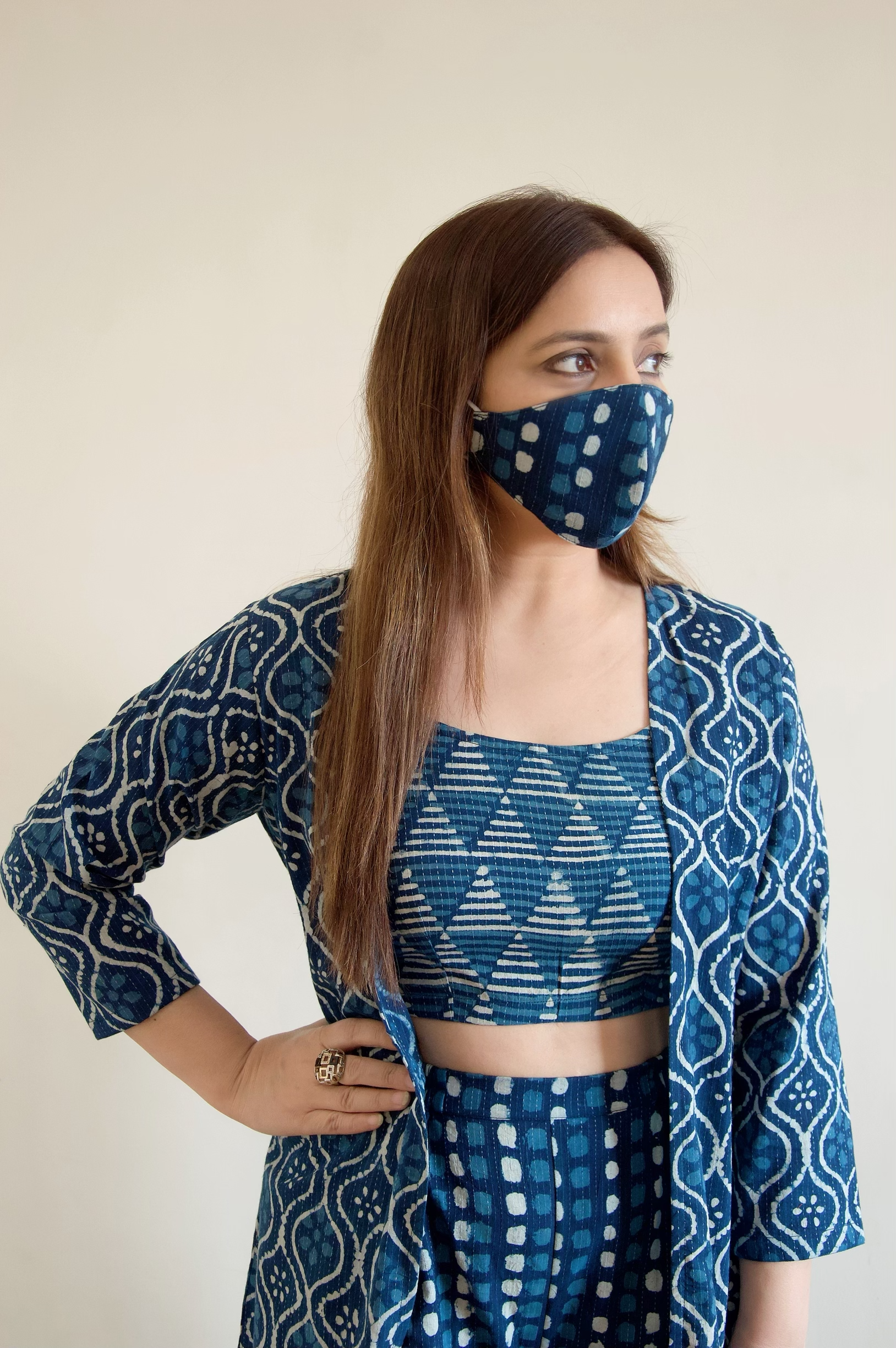 Indigo printed suit with cape and face mask - kylee