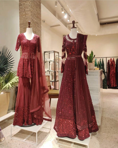 Reddish Maroon Peplum Gharara Set - kylee