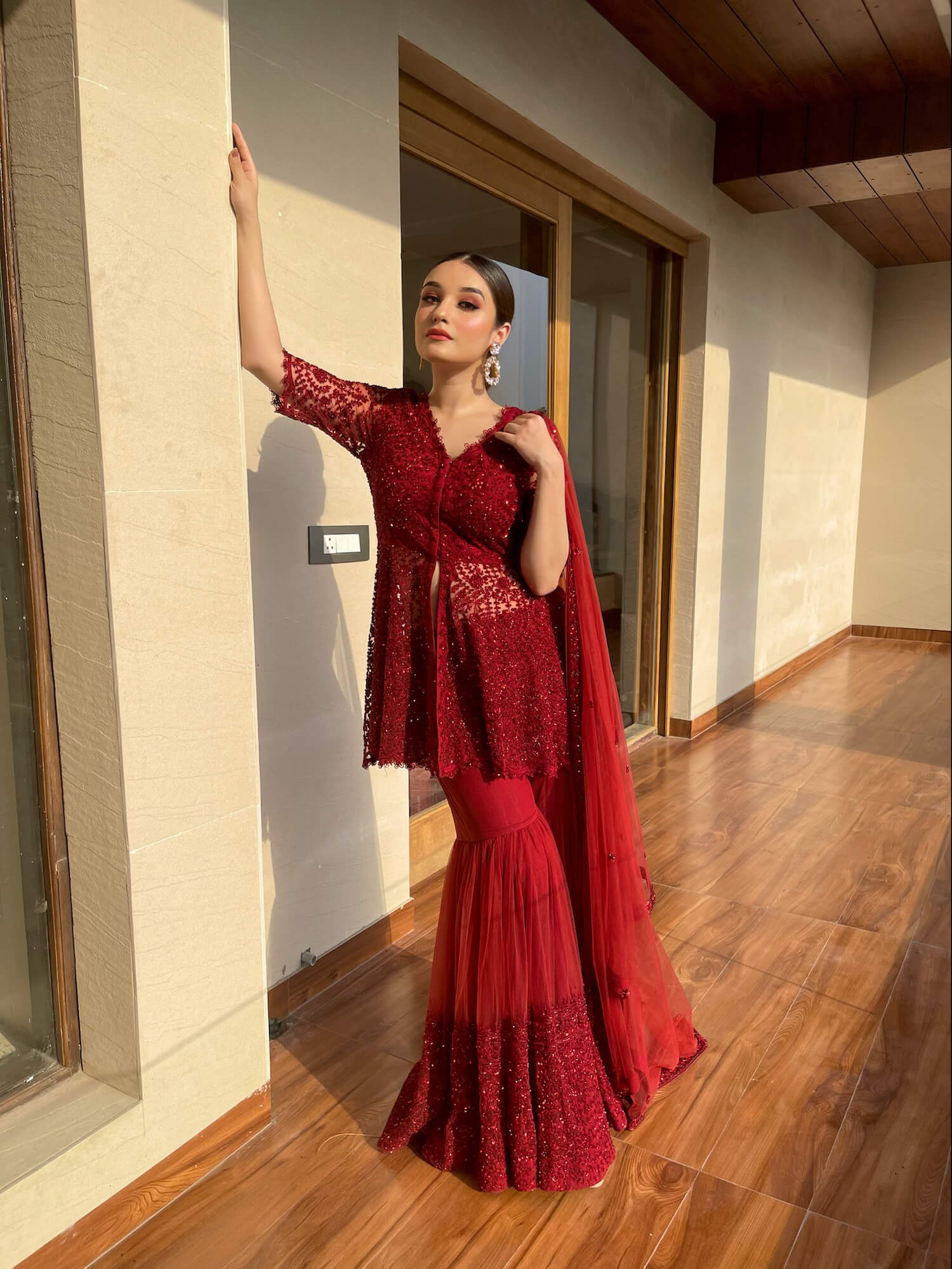 Reddish Maroon Peplum Gharara Set - kylee