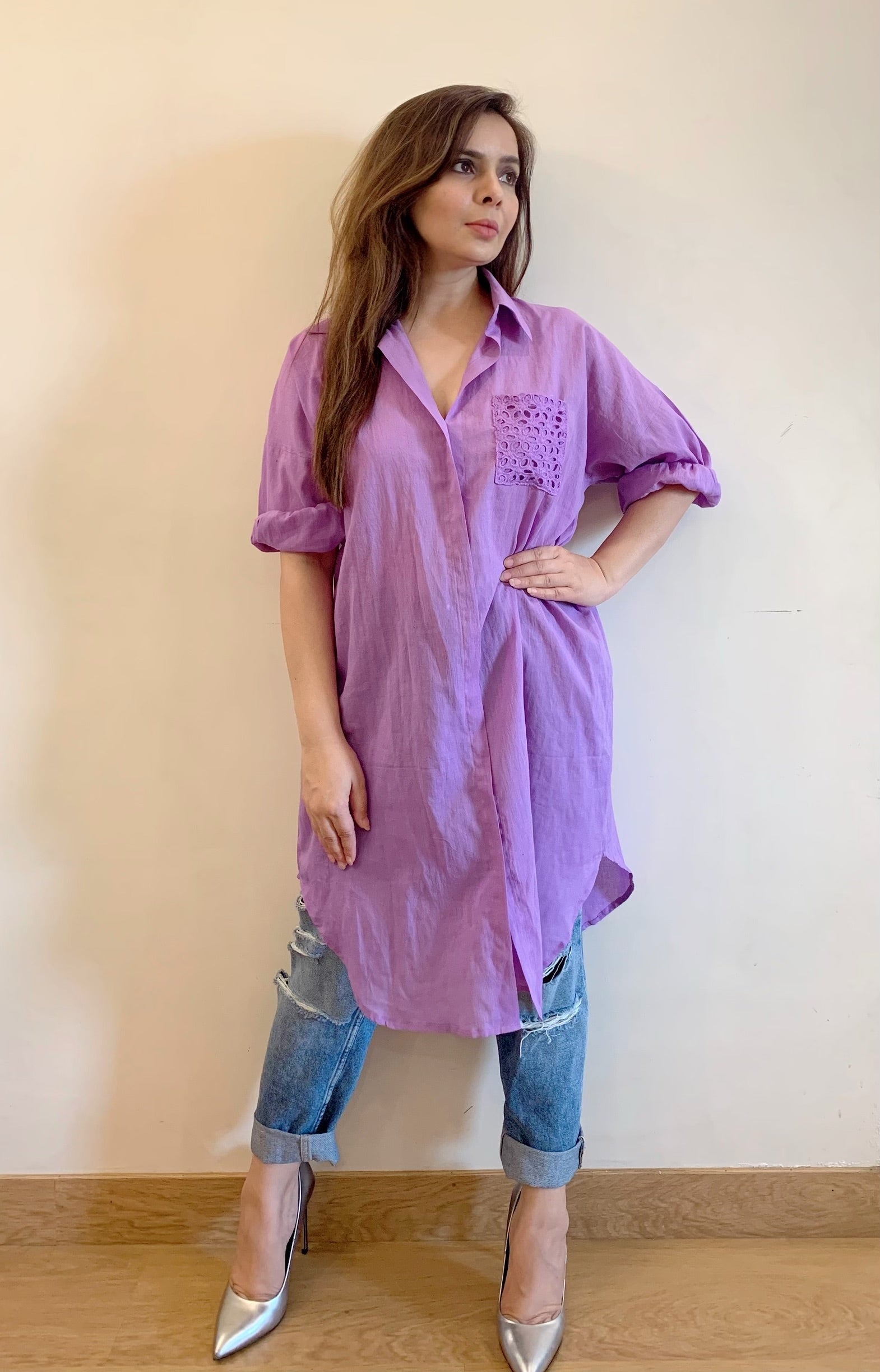 Purple Long Cotton Shirt with Face Mask - kylee
