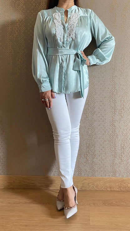 Powder Blue Hand Embroidered Luxe Satin Shirt