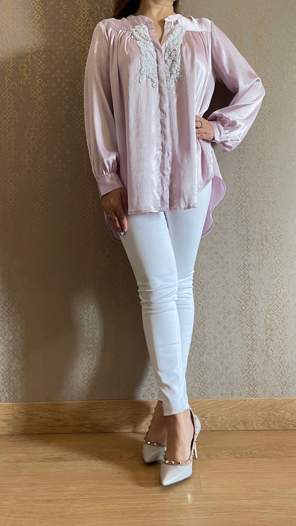 Lilac Hand Embroidered Luxe Satin Shirt