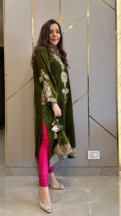 Olive Green Velvet Kashmiri-Phiran Kurta with Churidar and Matching Potli