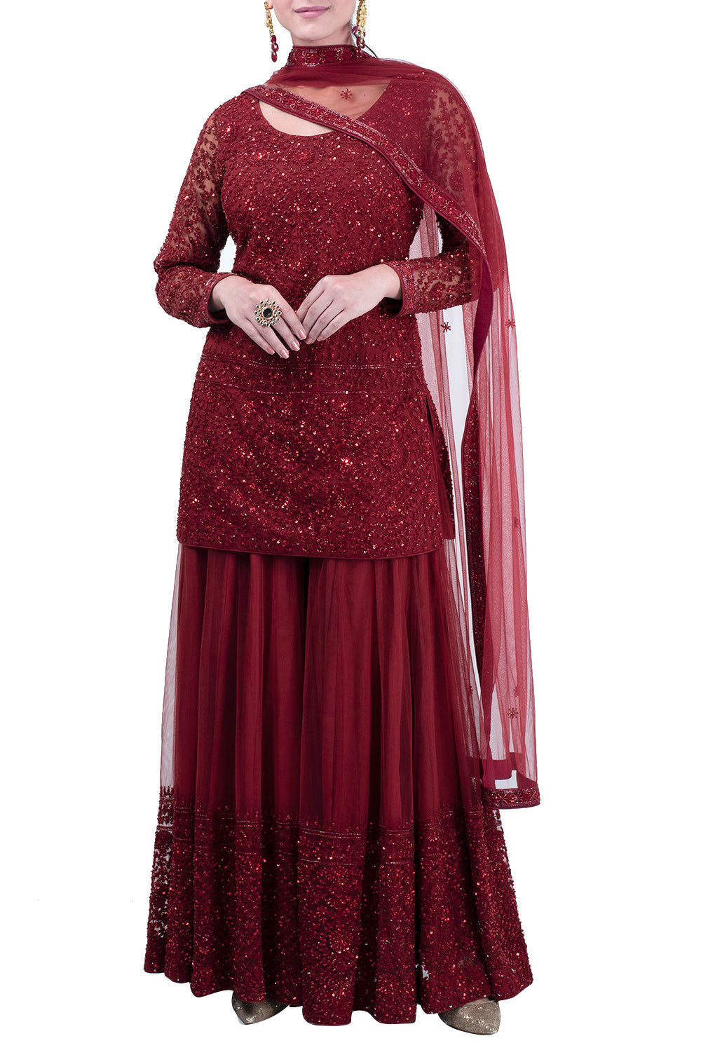 Maroon embroidered sharara set - kylee