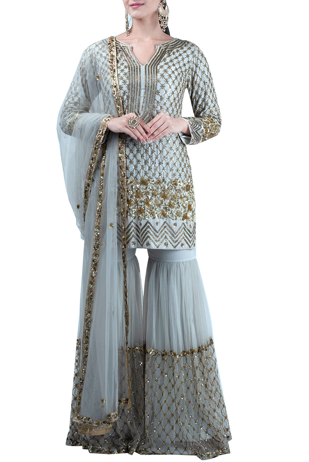 Powder grey embroidered suit and sharara set - kylee