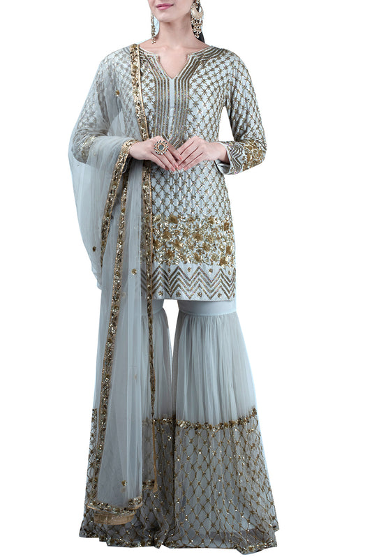 Powder grey embroidered suit and sharara set - kylee