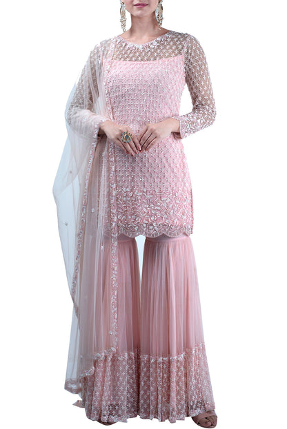 Pastel pink embroidered suit and sharara set - kylee