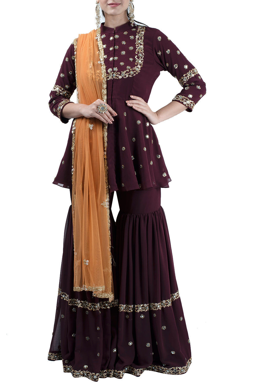Maroon hand embroidered suit and sharara set - kylee