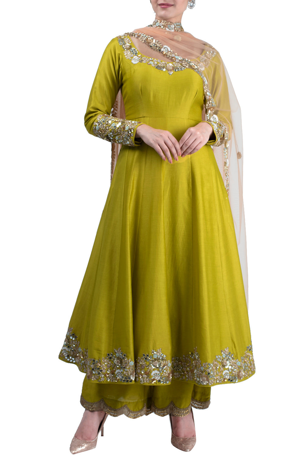 Ochre yellow hand embroidered anarkali suit - kylee