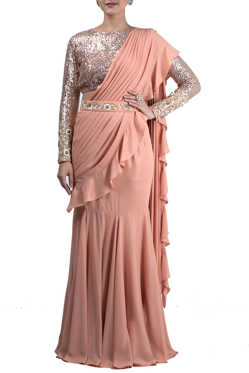 Dusty Pink Draped Saree Gown | Saree gown, Draped saree gown, Saree dress