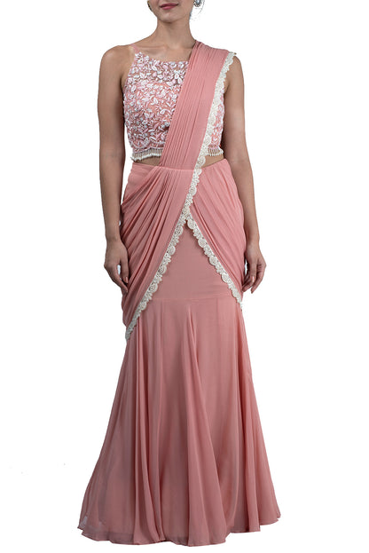 Salmon pink draped saree with blouse - kylee