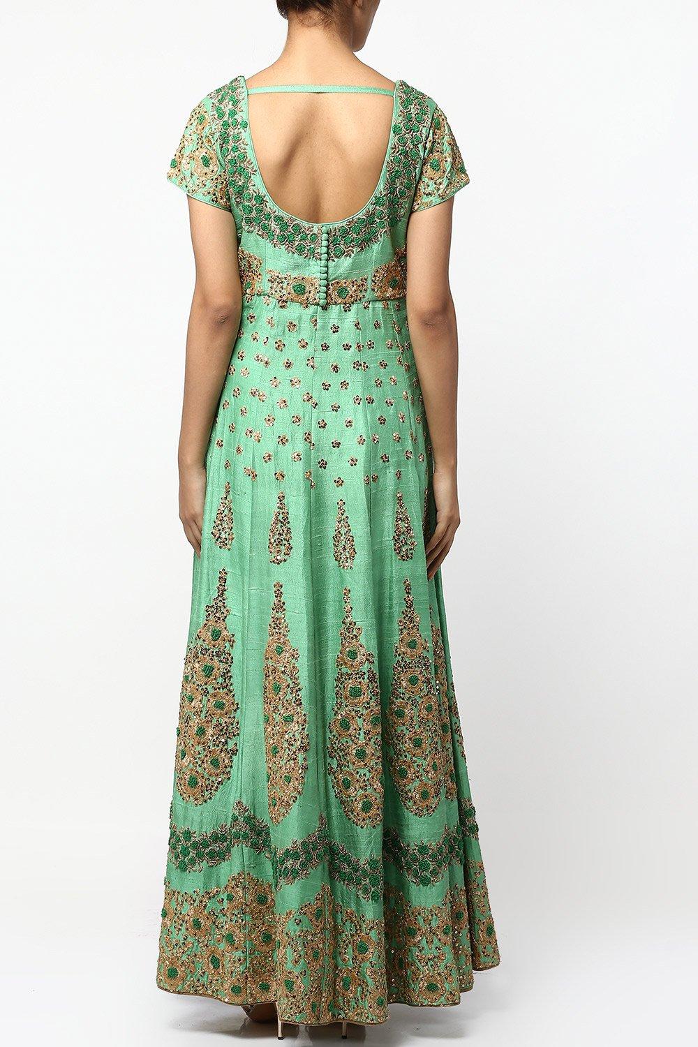 Green Floral Hand Embroidered Anarkali Set - kylee