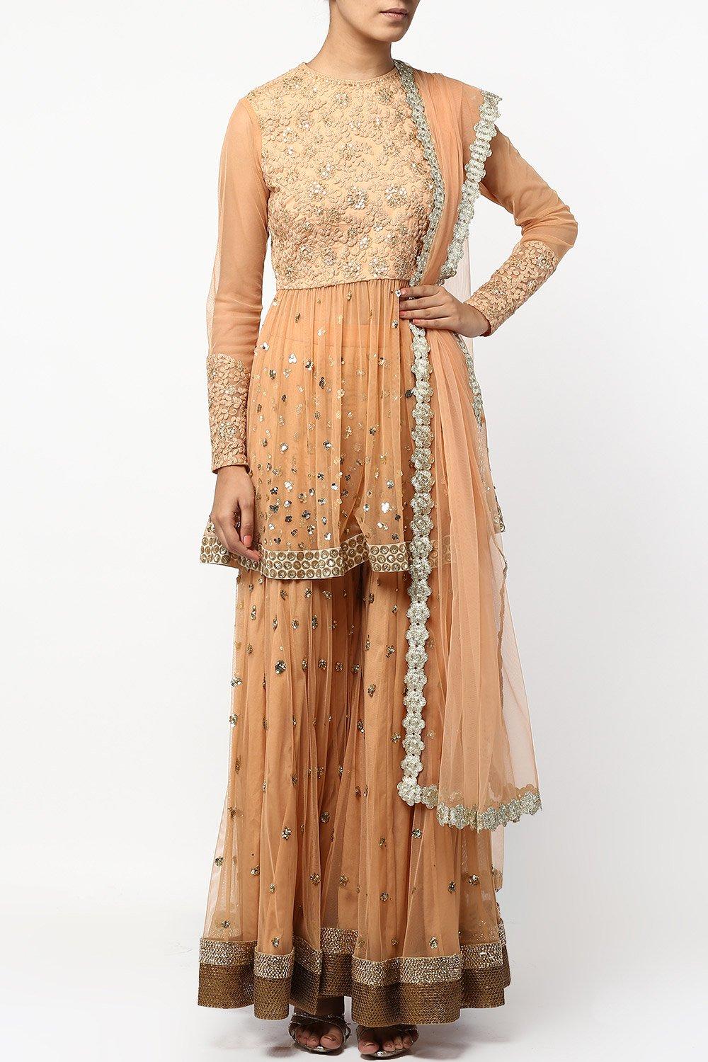 Ochre Thread Embroidered Sharara Set - kylee