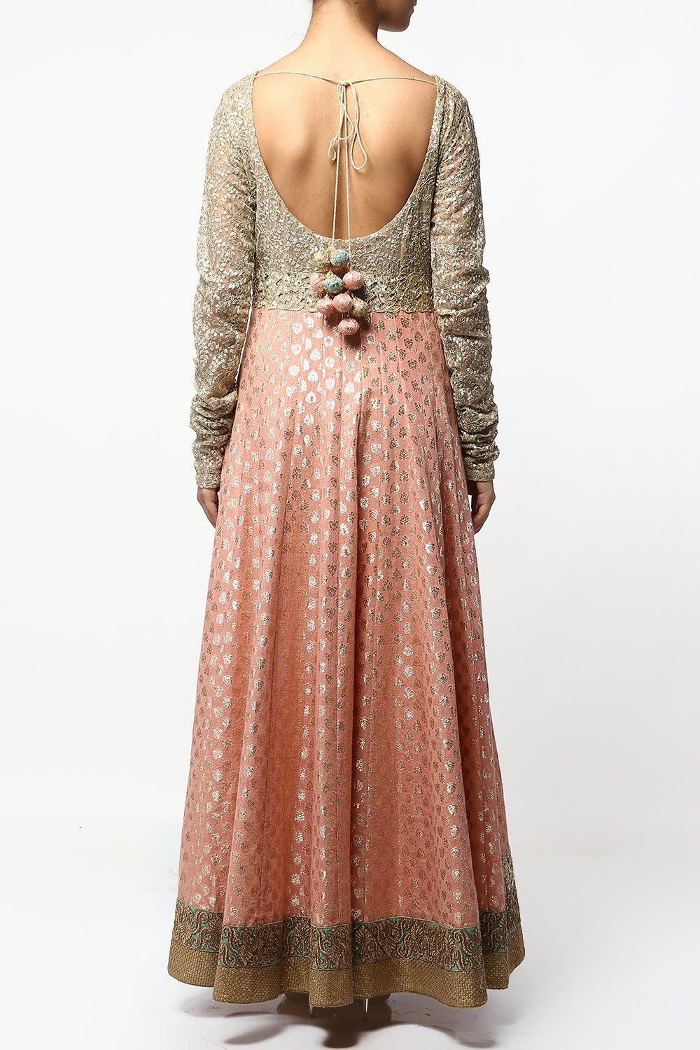 Peach Aari Work Brocade Anarkali Set - kylee