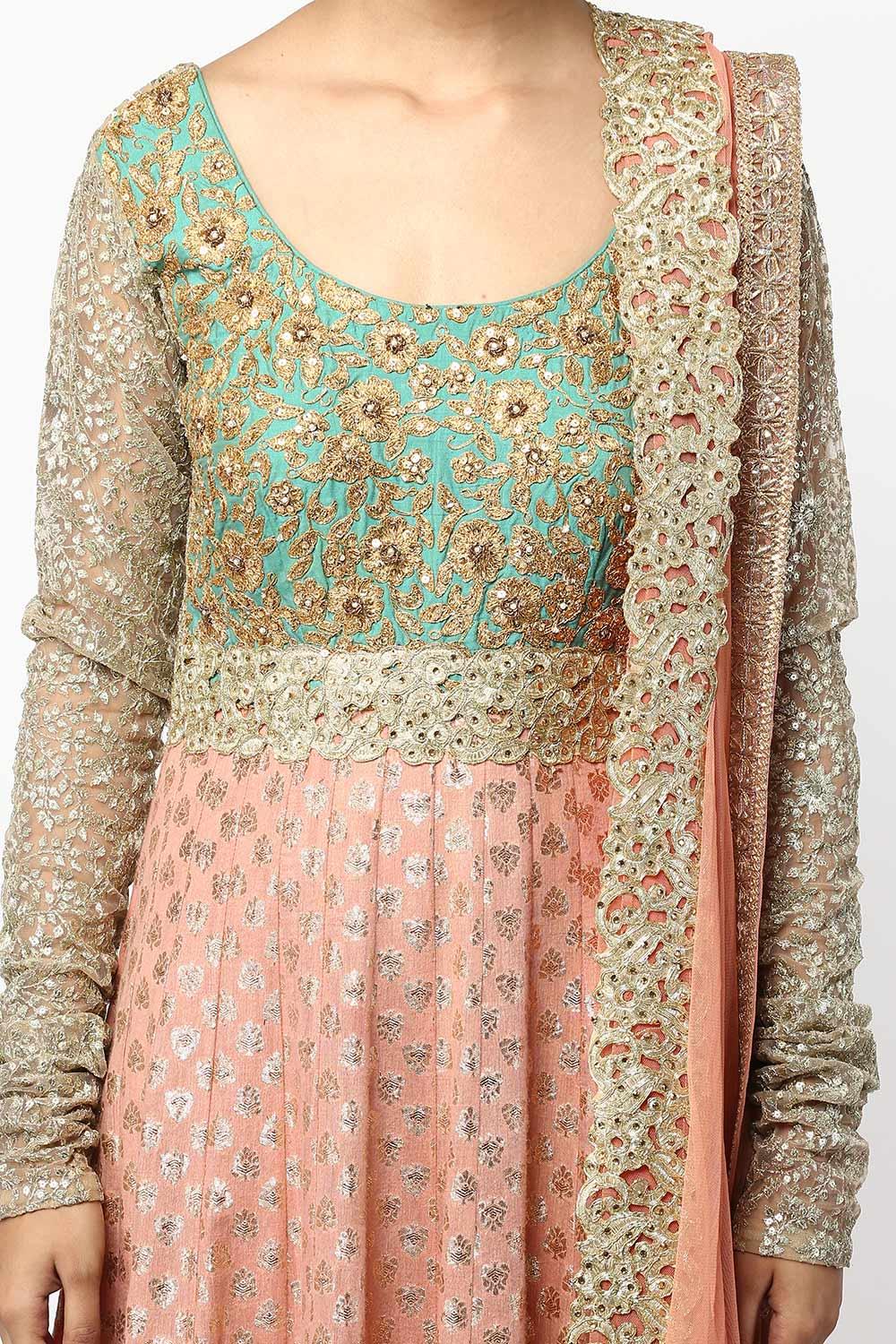 Peach Aari Work Brocade Anarkali Set - kylee