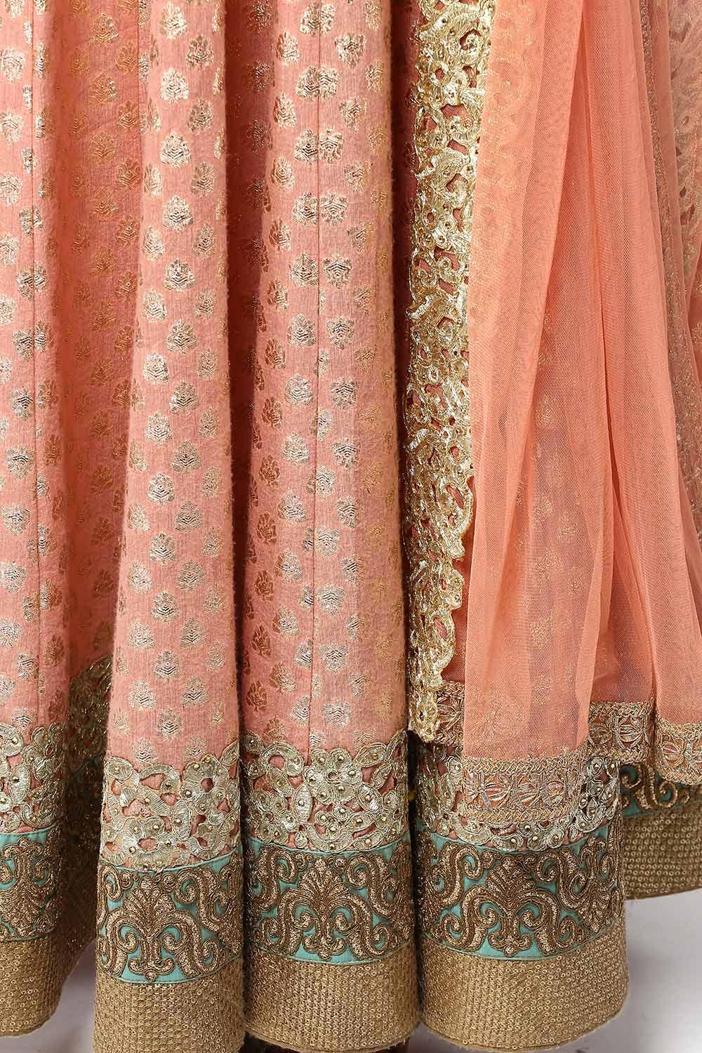 Peach Aari Work Brocade Anarkali Set - kylee