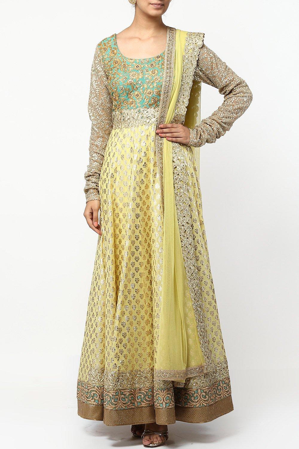 Lime Aari Work Brocade Anarkali Set - kylee