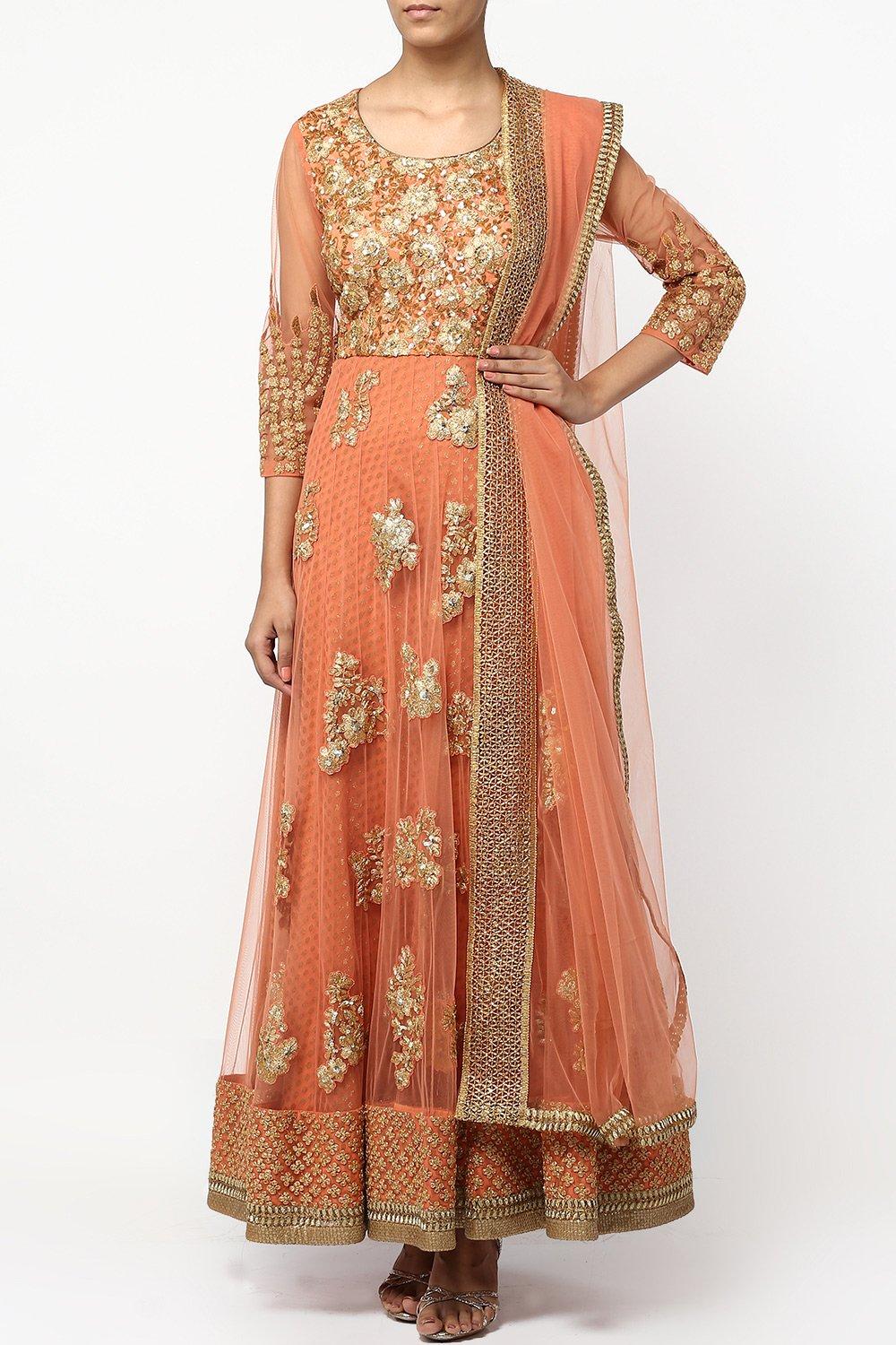 Peach Brocade Georgette Anarkali Set - kylee