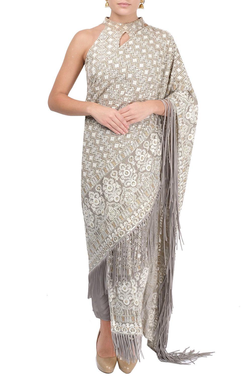 Light Grey Embroidered Pants & Drape Saree - kylee