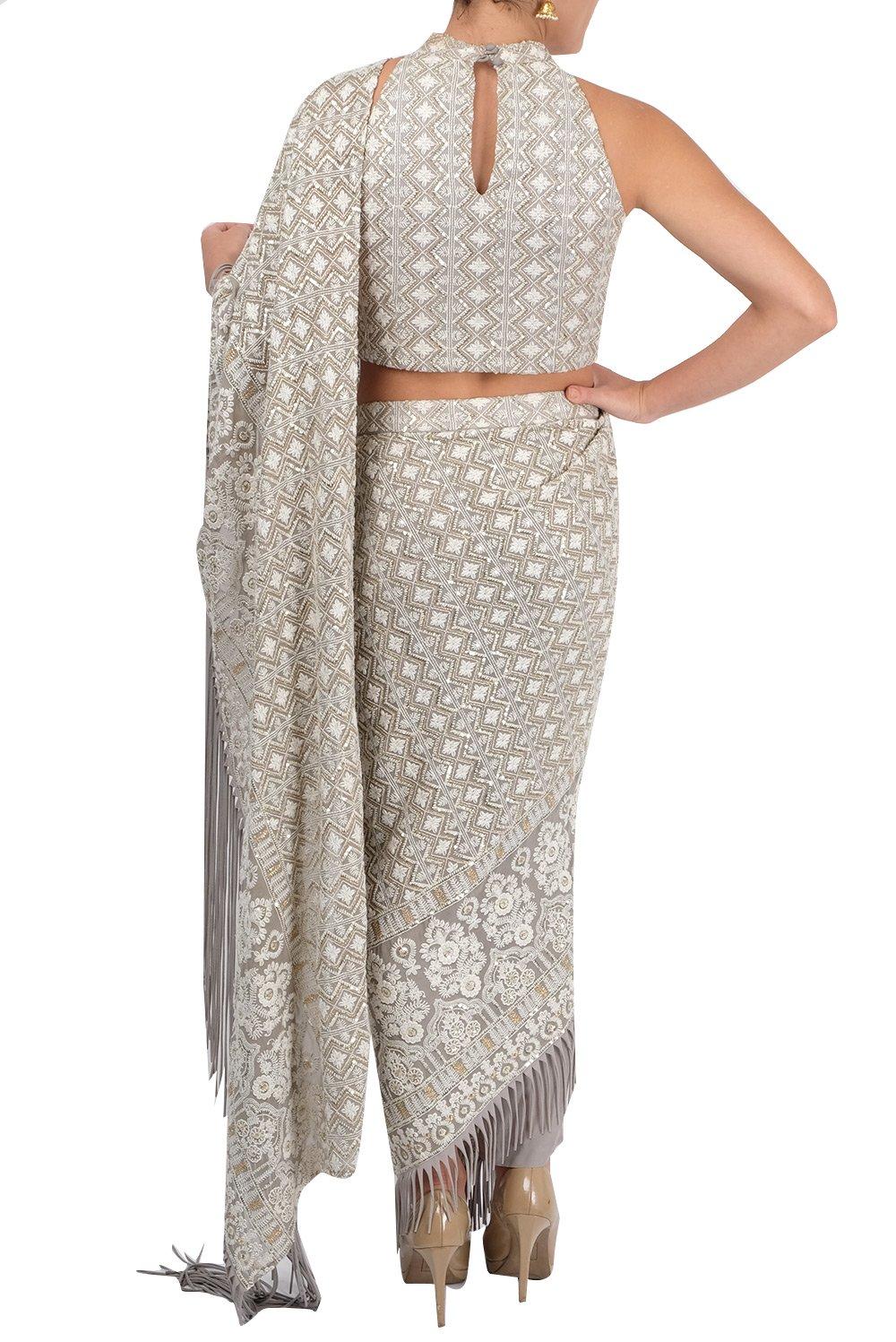 Light Grey Embroidered Pants & Drape Saree - kylee