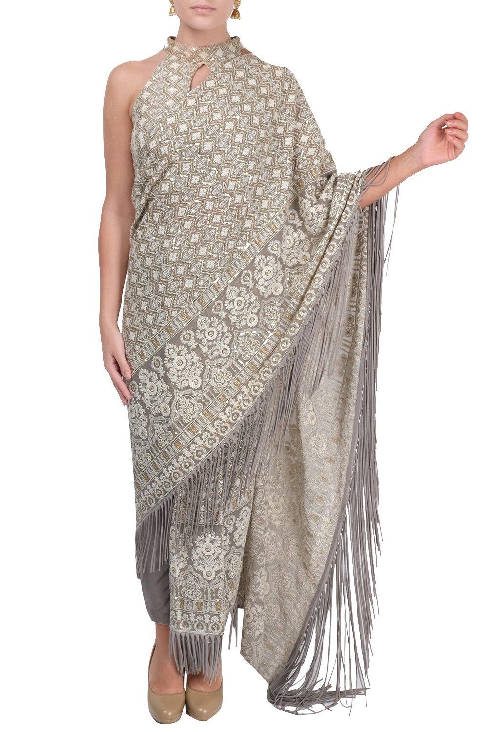 Light Grey Embroidered Pants & Drape Saree - kylee