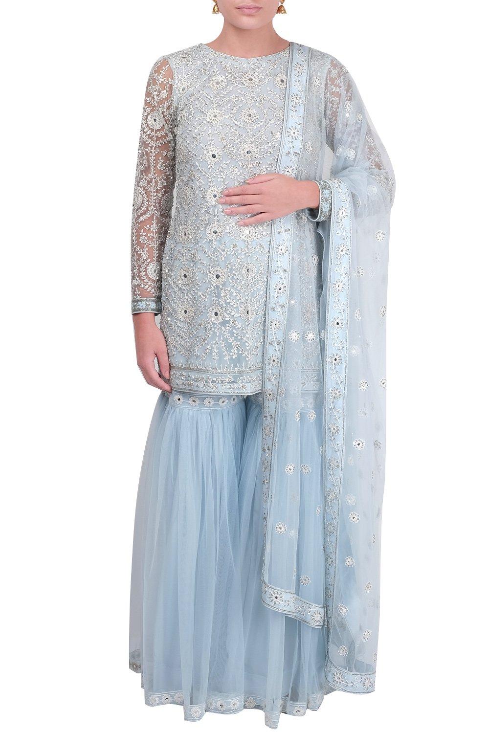Powder Blue Embroidered Gharara Suit - kylee