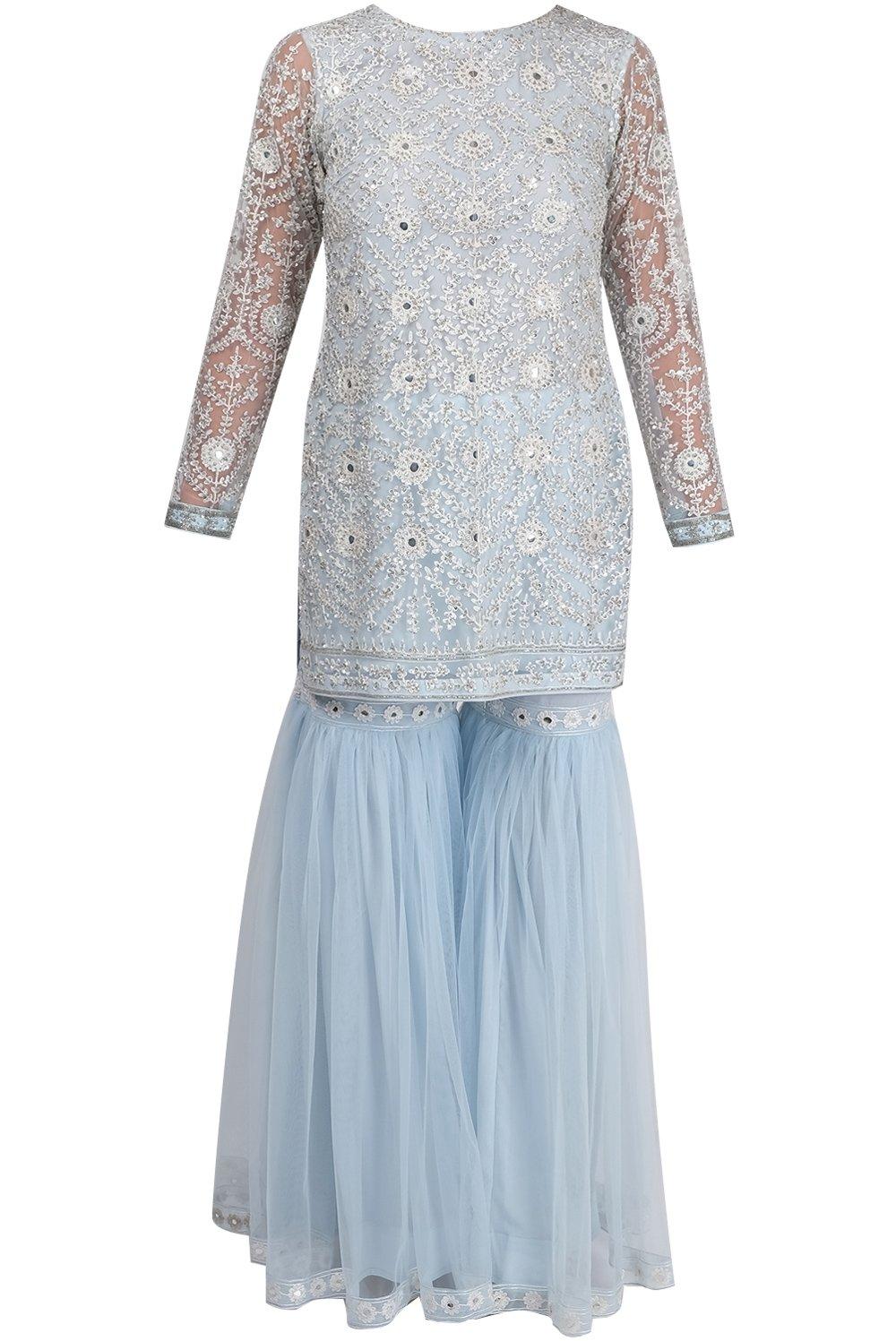 Powder Blue Embroidered Gharara Suit - kylee