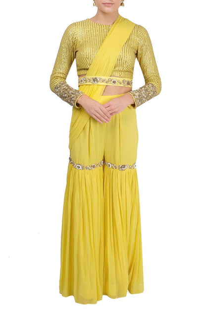 Yellow Embellished Garara Saree - kylee