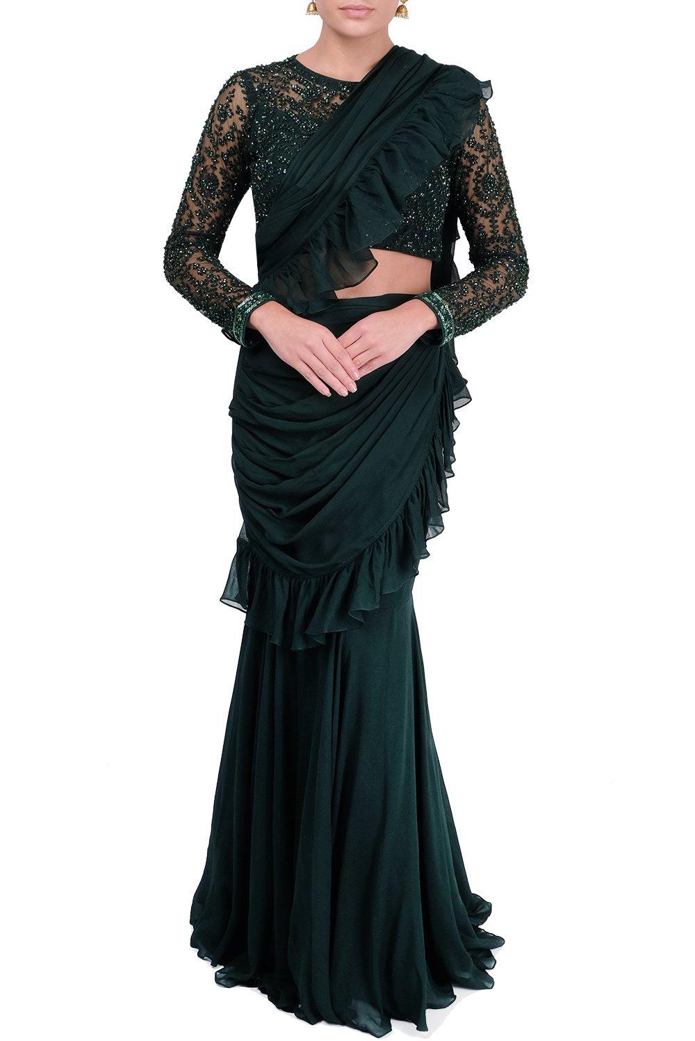Bottle Green Ruffle Saree | Wedding Sarees | Kylie Fashion – Kylee