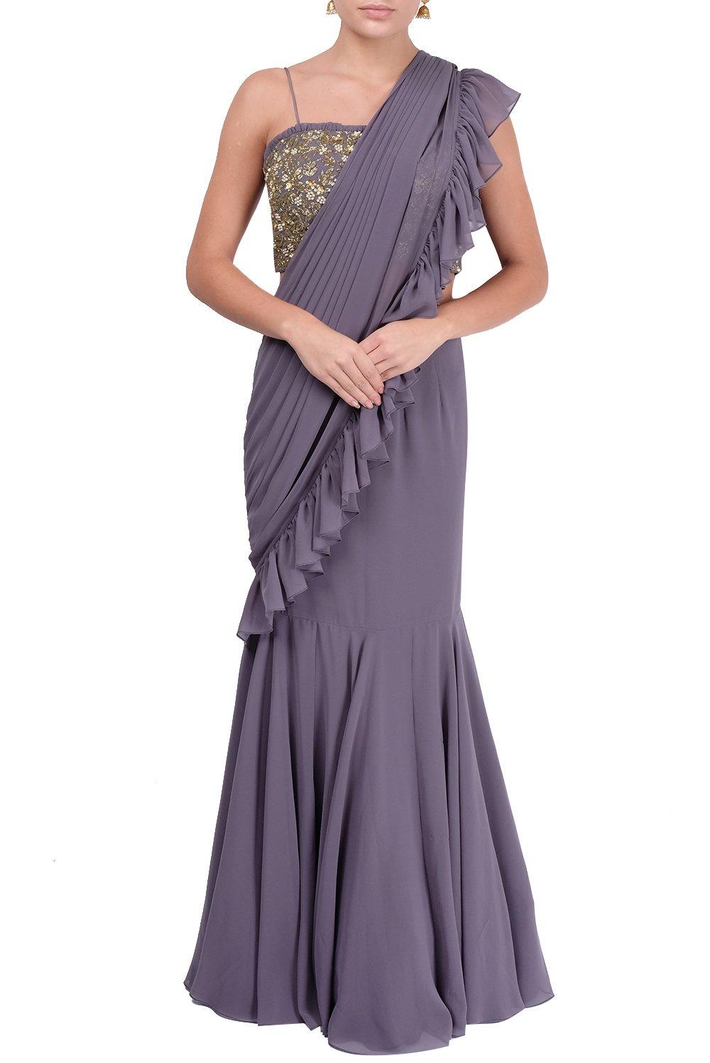 Grey Draped Saree With Embellished Blouse - kylee