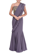 Load image into Gallery viewer, Grey Draped Saree With Embellished Blouse - kylee
