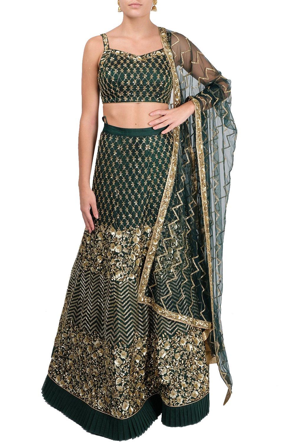 Bottle Green Embroidered Lehenga Set - kylee