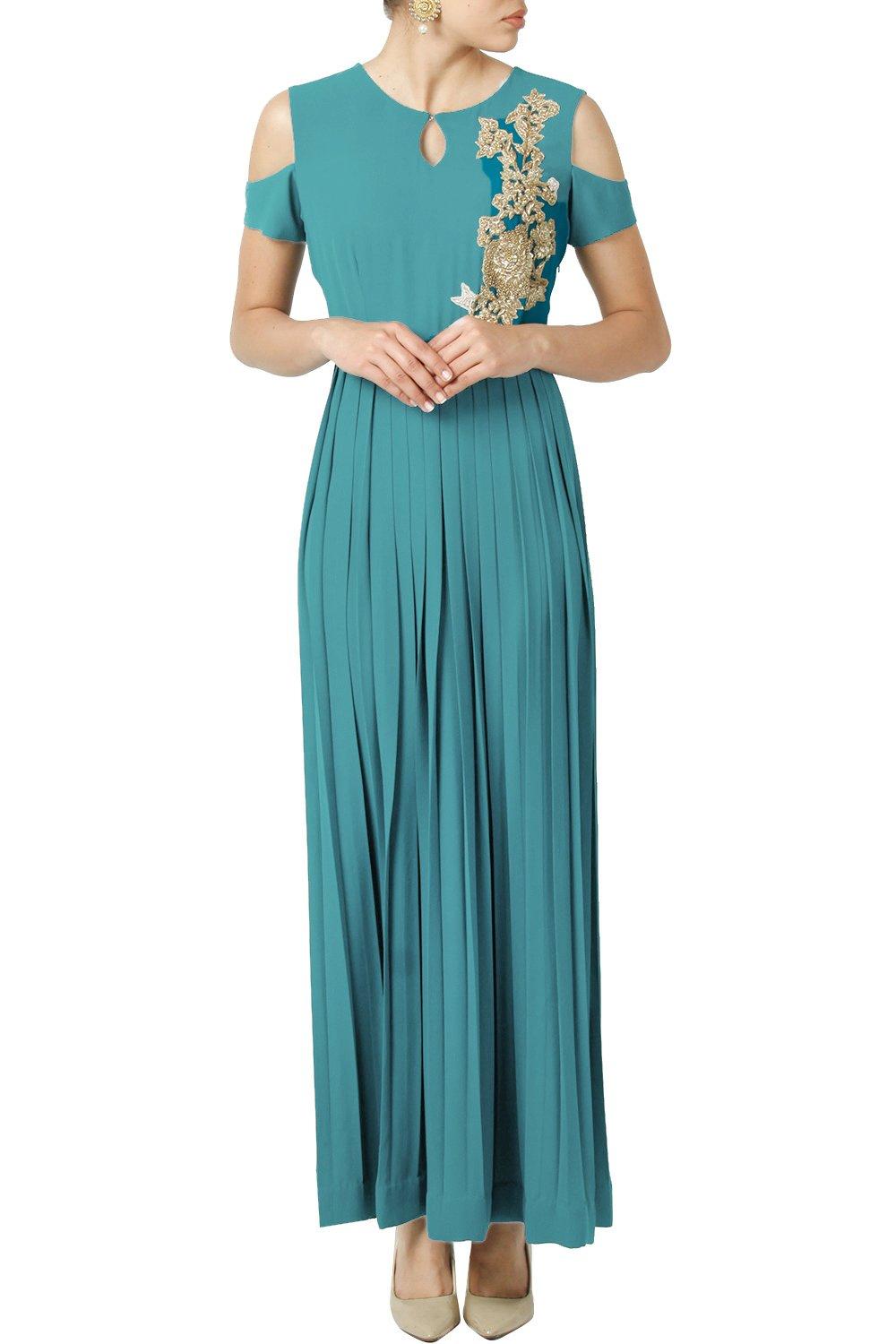 Teal Blue Pleated Gown - kylee