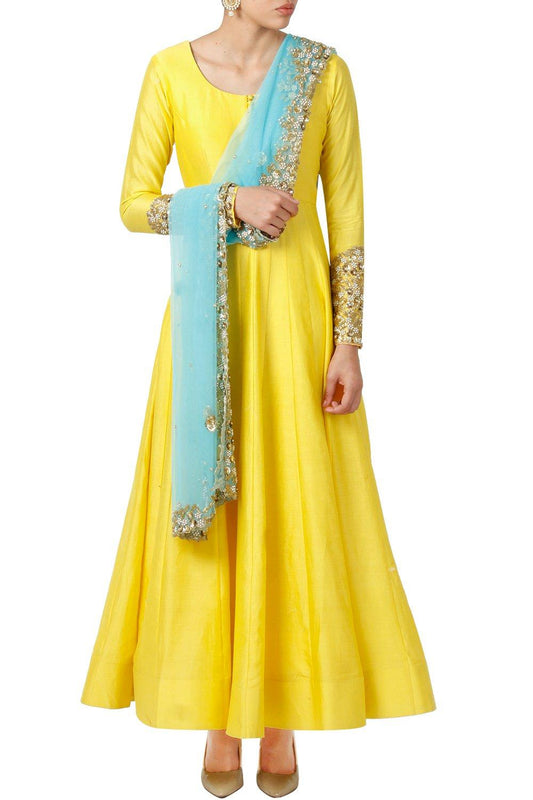 Yellow Embellished Anarkali With Dupatta - kylee
