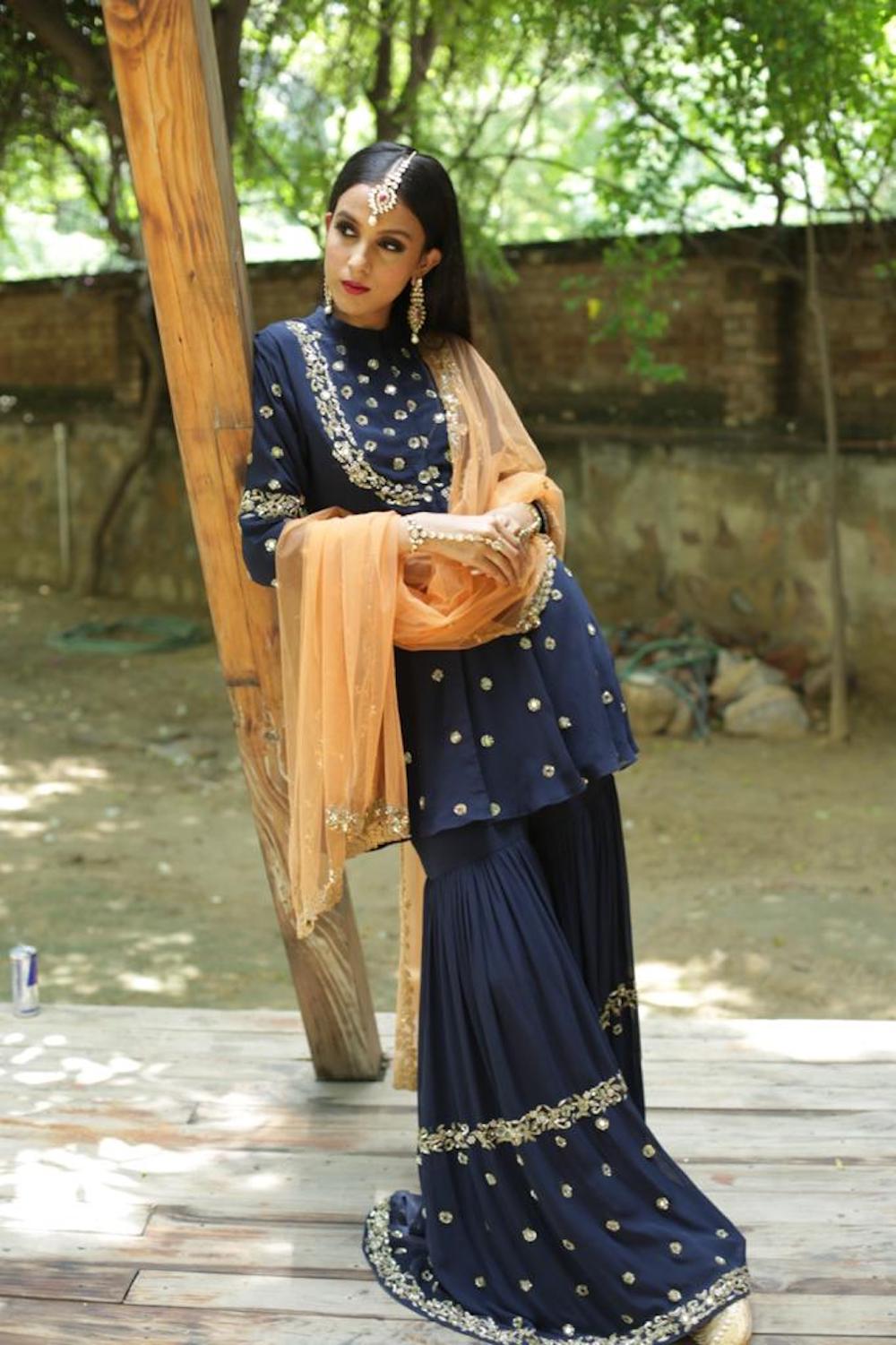 Navy blue embroidered sharara set - kylee