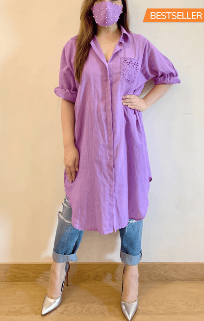 Purple Long Cotton Shirt with Face Mask - kylee