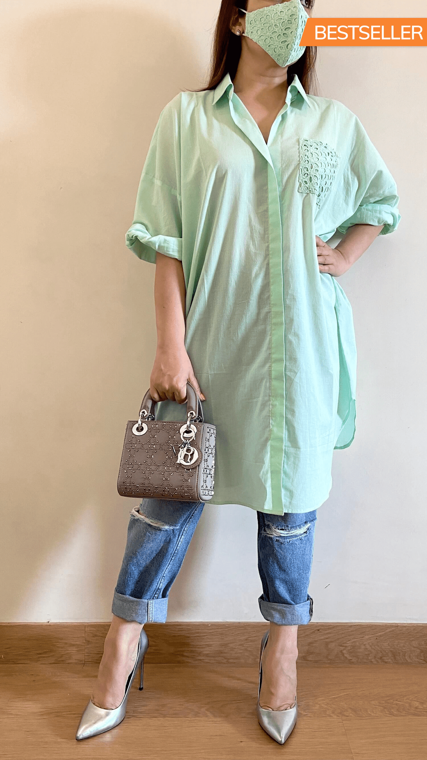 Mint Green Long Cotton Shirt with Face Mask - kylee
