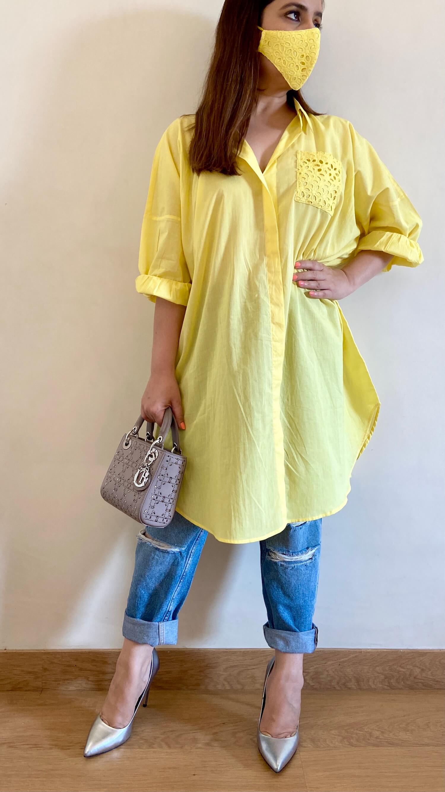 Yellow Long Cotton Shirt with Face Mask - kylee