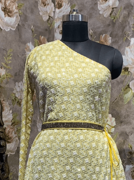 Chikankari One Shoulder Off Tunic Dress, Lemon Yellow - kylee