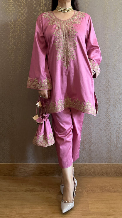 Pink Cotton Embroidered Kashmiri Co-ord Set