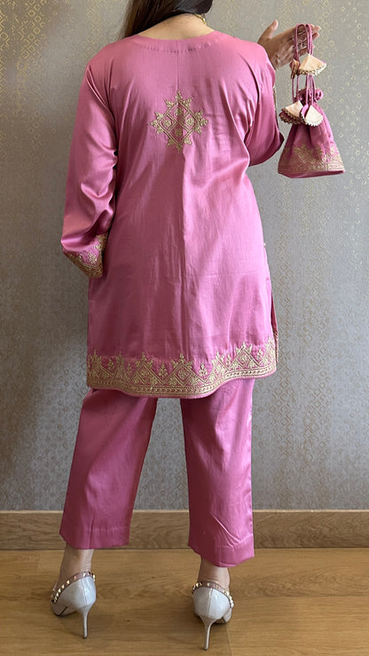 Pink Cotton Embroidered Kashmiri Co-ord Set