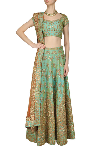 Mint Green and Gold Floral Embroidered Lehenga Set - kylee