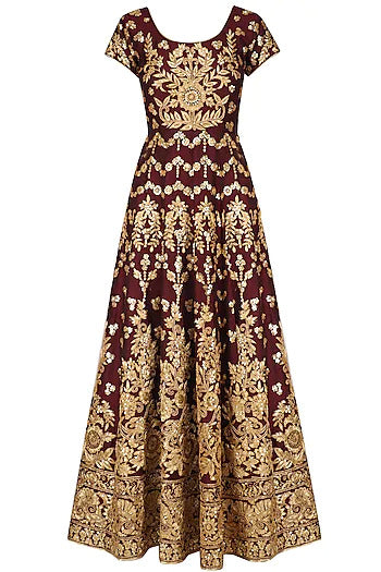 Maroon and Gold Floral Embroidered Anarkali Set - kylee