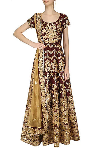 Maroon and Gold Floral Embroidered Anarkali Set - kylee