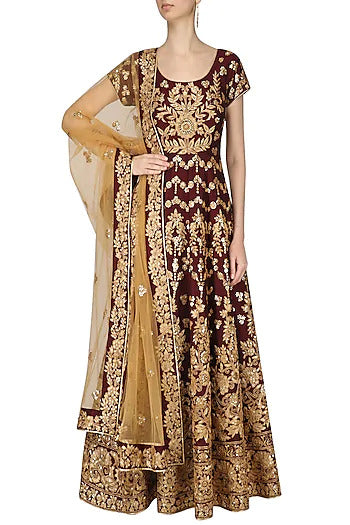 Maroon and Gold Floral Embroidered Anarkali Set - kylee