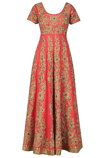 Orange and Gold Jaal Embroidered Anarkali Set - kylee