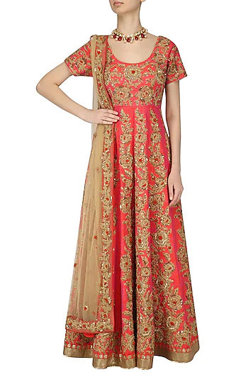 Orange and Gold Jaal Embroidered Anarkali Set - kylee