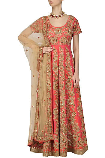 Orange and Gold Jaal Embroidered Anarkali Set - kylee